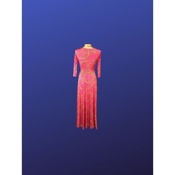 Janette FASHIONS Surplice Wrap MAXI Dress, PINK/GOLD CHAIN Print, Size S, EUC - Picture 2 of 11